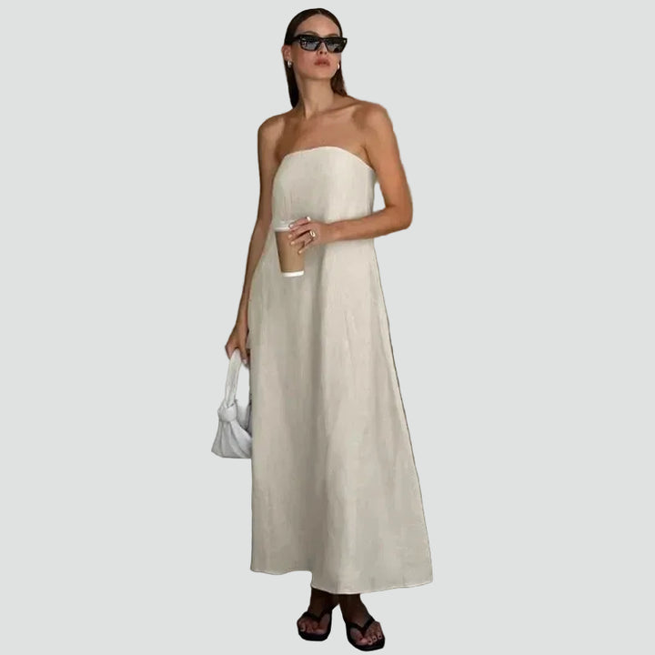 Beige elegant women's strapless maxi dress