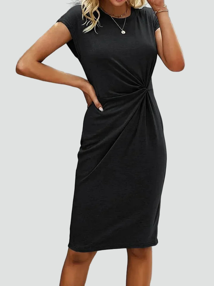 Women's fitted midi dress with ruching and decorative knot