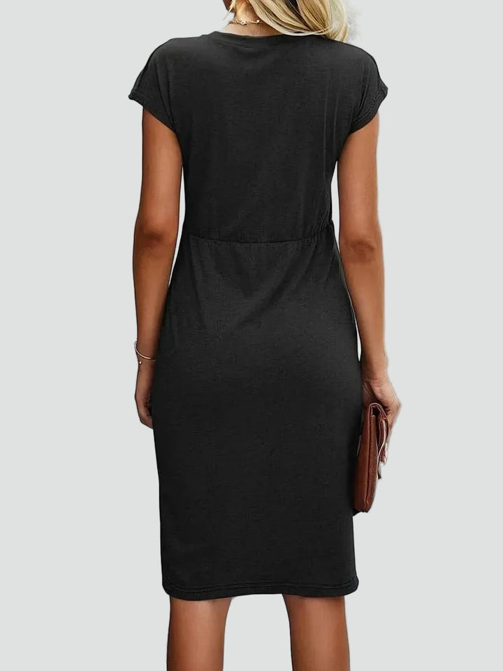Women's fitted midi dress with ruching and decorative knot