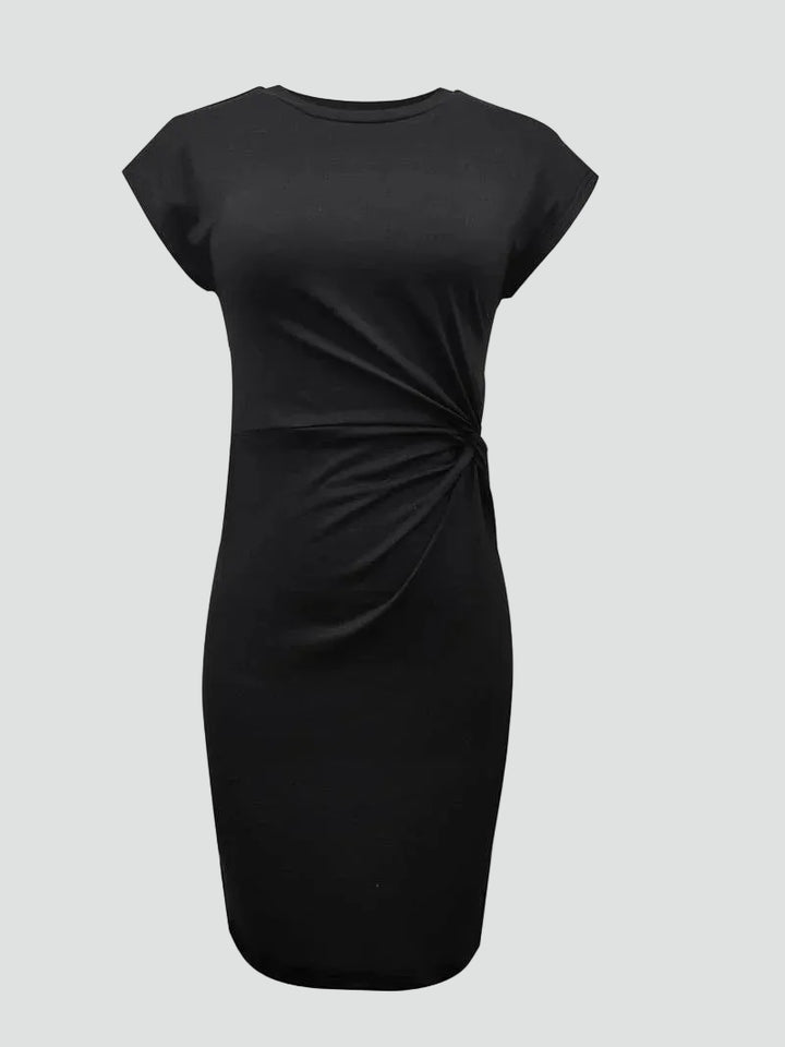 Women's fitted midi dress with ruching and decorative knot