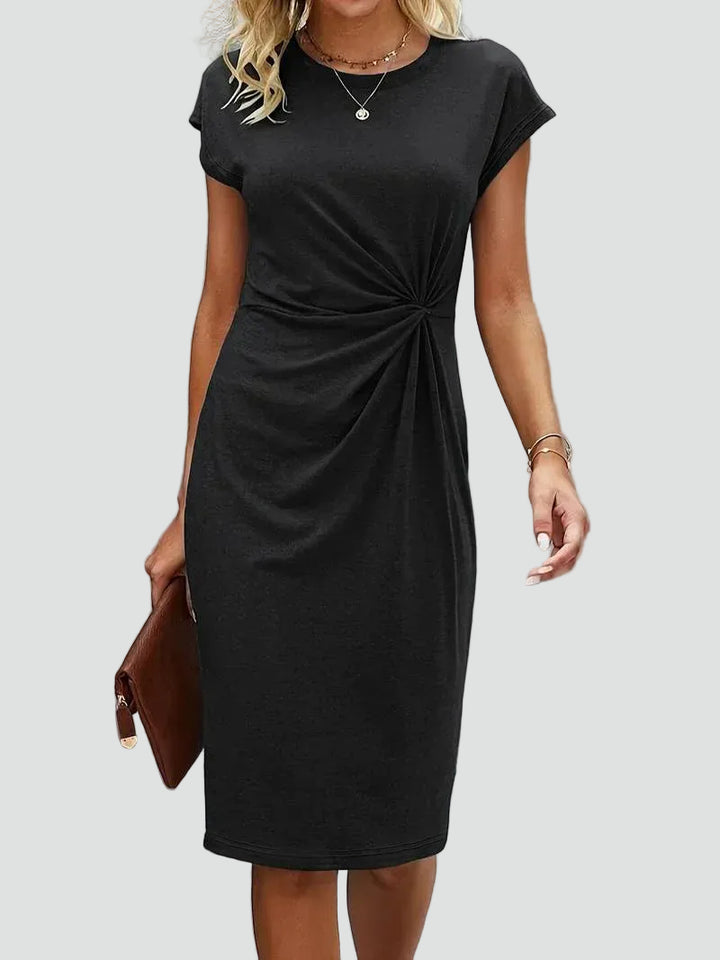Women's fitted midi dress with ruching and decorative knot