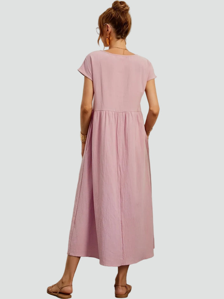 Zwiewna sukienka midi z krótkim rękawem i kieszeniami