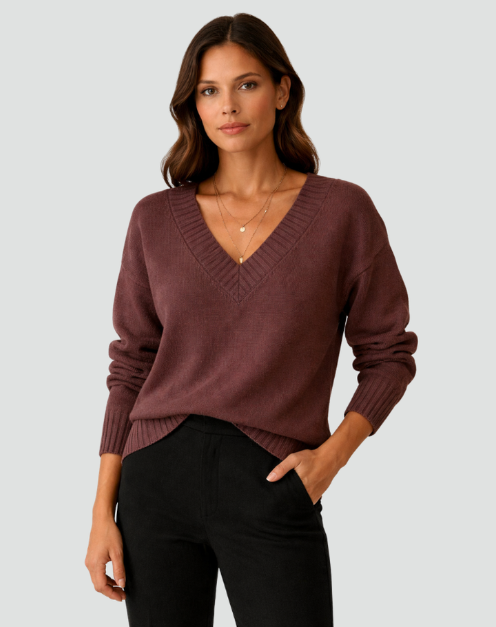 Pull doux pour femmes avec encolure en V et poignets côtelés