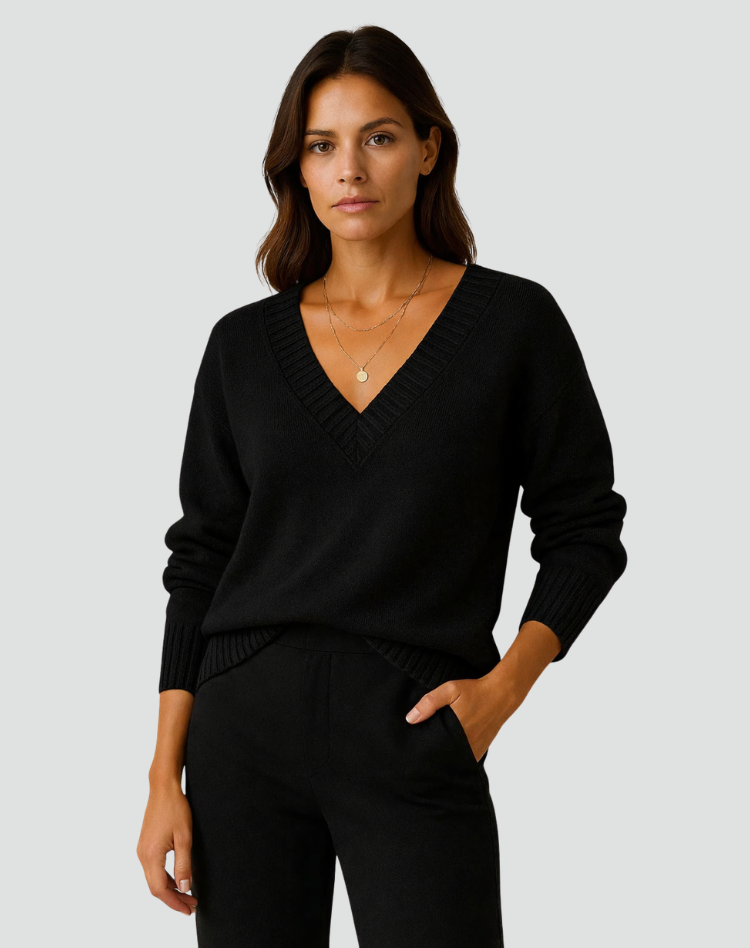 Pull doux pour femmes avec encolure en V et poignets côtelés