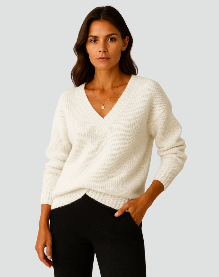 Pull doux pour femmes avec encolure en V et poignets côtelés