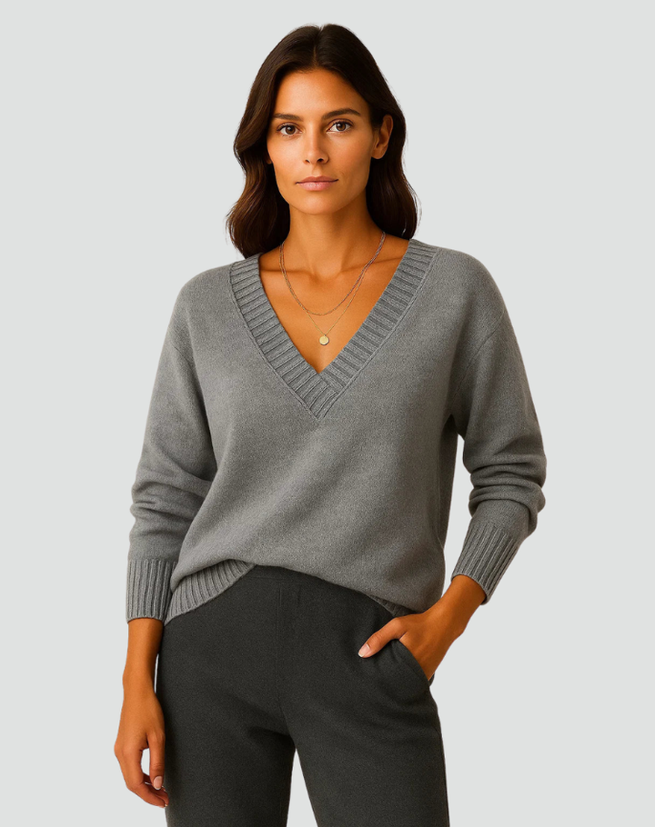 Pull doux pour femmes avec encolure en V et poignets côtelés