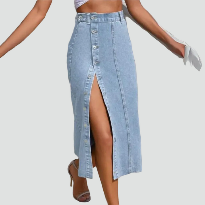 Women's midi denim skirt with slit and high waist