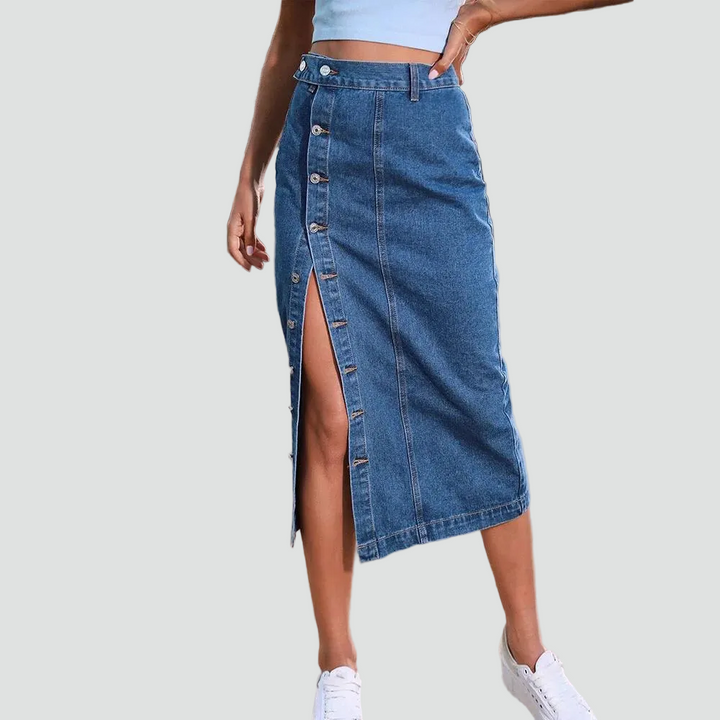 Women's midi denim skirt with slit and high waist