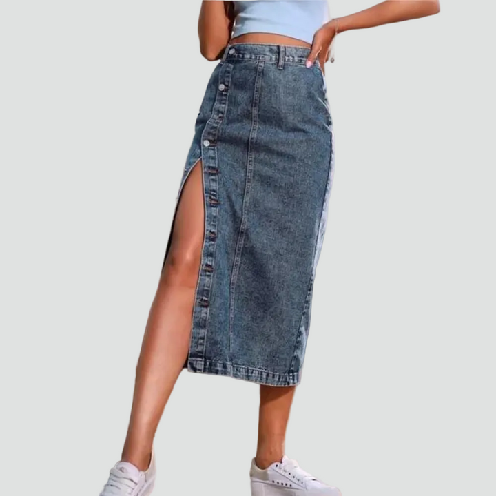 Women's midi denim skirt with slit and high waist