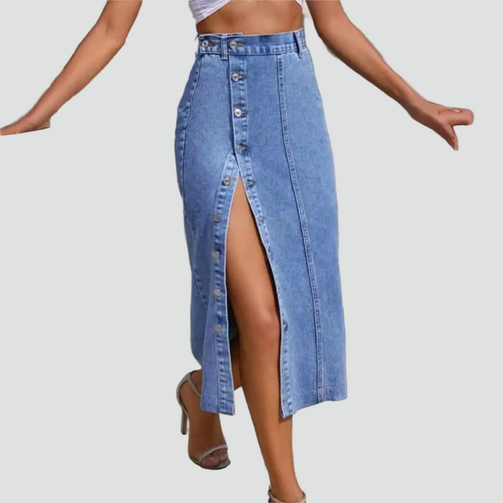 Women's midi denim skirt with slit and high waist