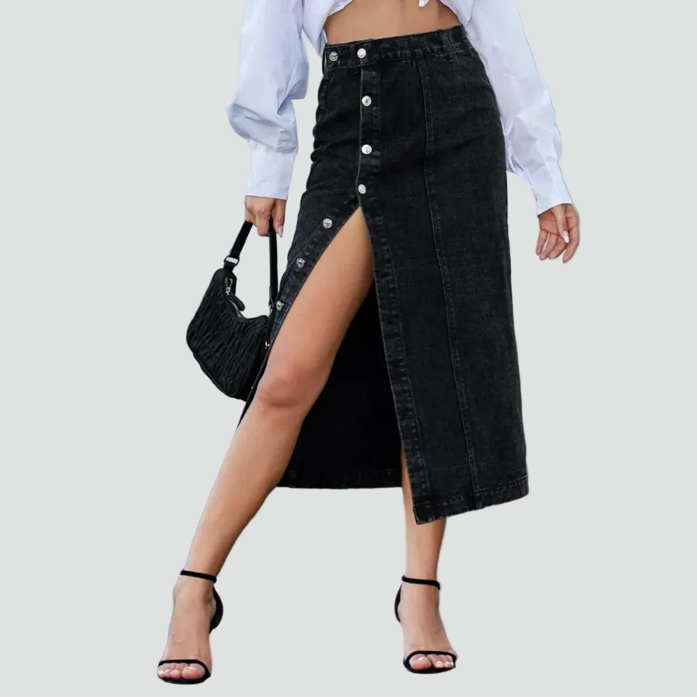 Women's midi denim skirt with slit and high waist