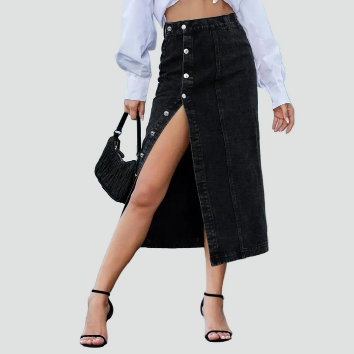 Women's midi denim skirt with slit and high waist