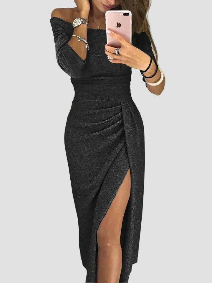 Brokatowa sukienka koktajlowa midi damska z rozcięciem