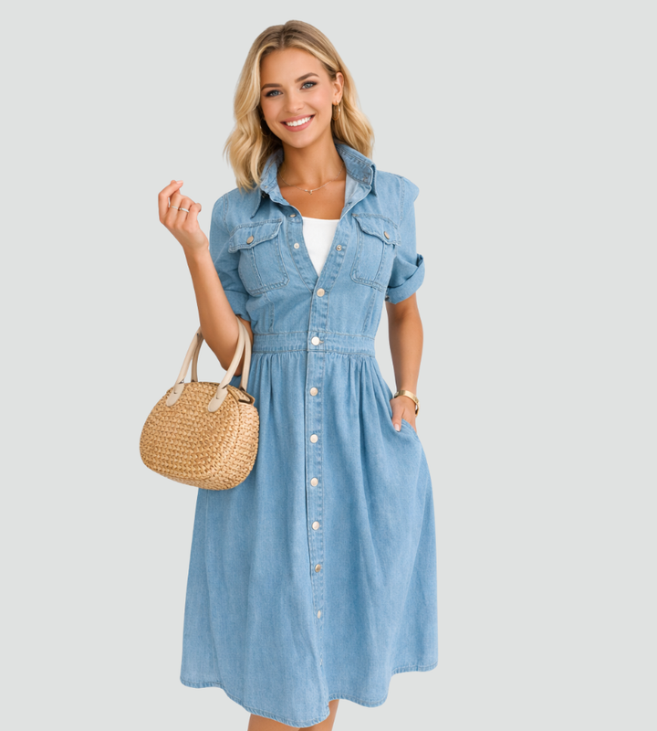 Modna damska sukienka jeansowa midi z guzikami