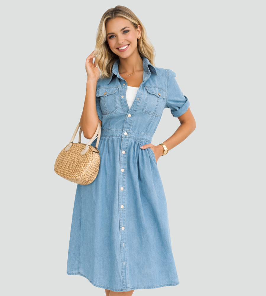 Modna damska sukienka jeansowa midi z guzikami