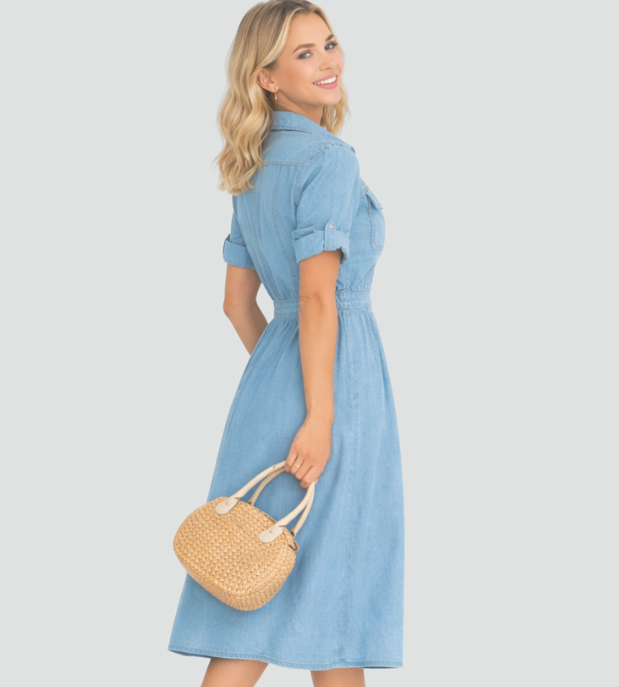 Modna damska sukienka jeansowa midi z guzikami