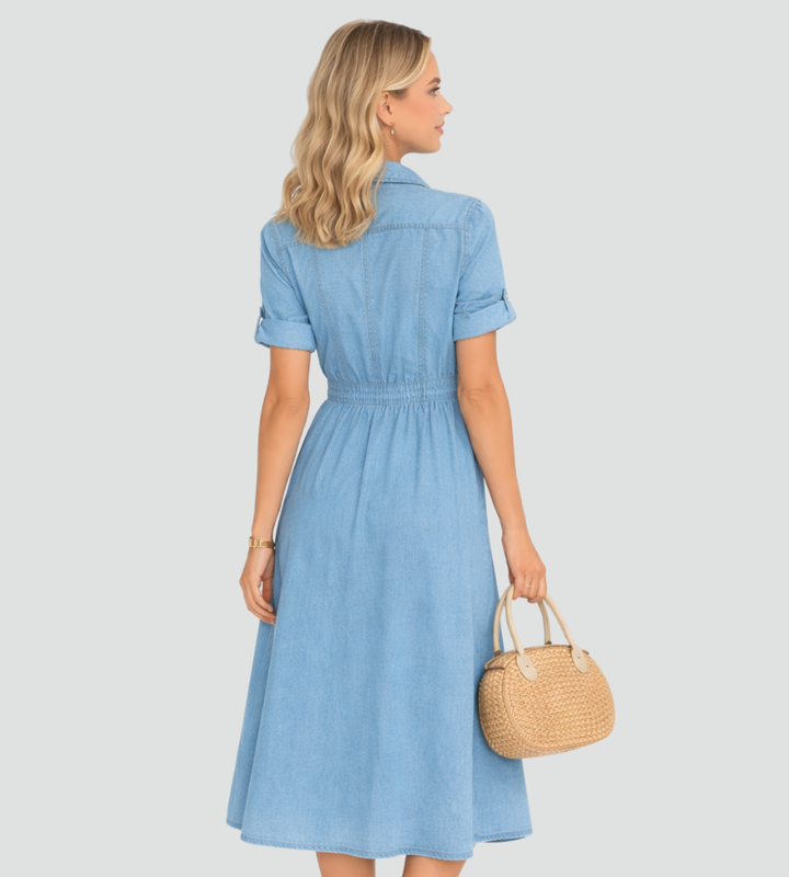 Modna damska sukienka jeansowa midi z guzikami
