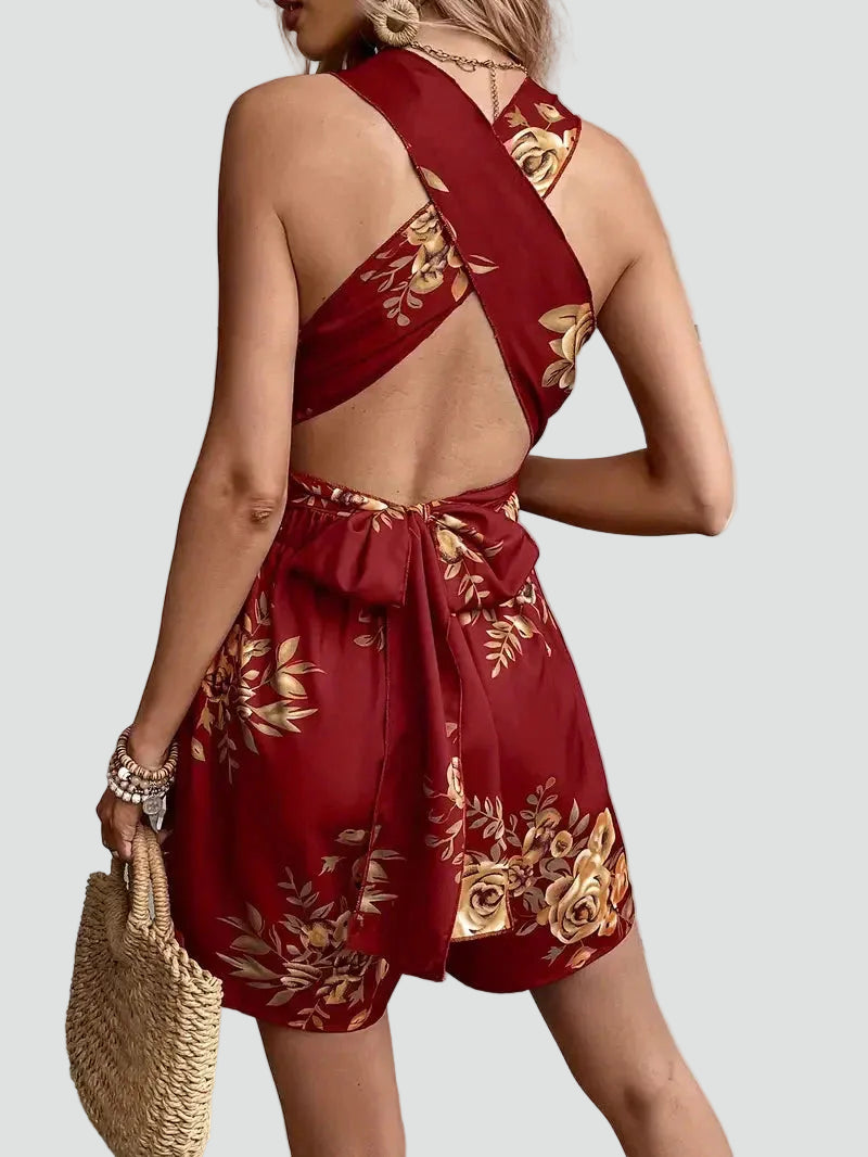 Women's summer jumpsuit with floral print and V-neck in boho style
