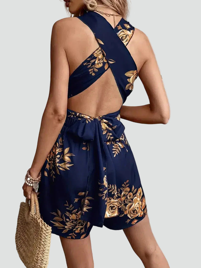 Women's summer jumpsuit with floral print and V-neck in boho style