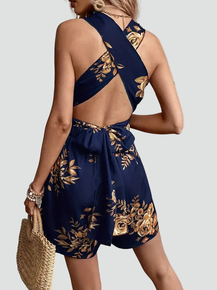Women's summer jumpsuit with floral print and V-neck in boho style