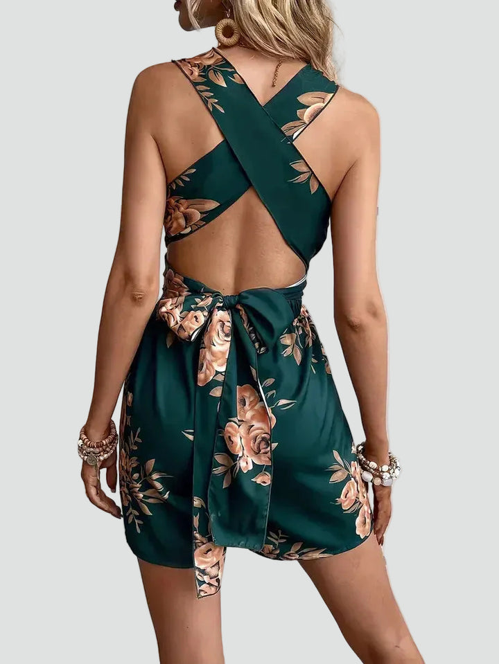 Women's summer jumpsuit with floral print and V-neck in boho style