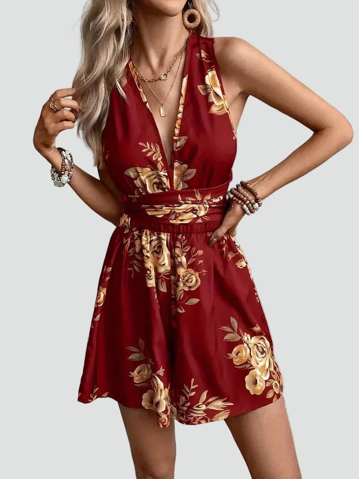 Women's summer jumpsuit with floral print and V-neck in boho style