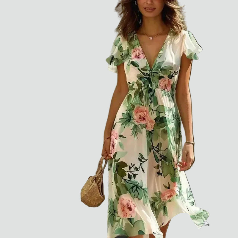 Green midi floral dress with V-neck and butterfly sleeves