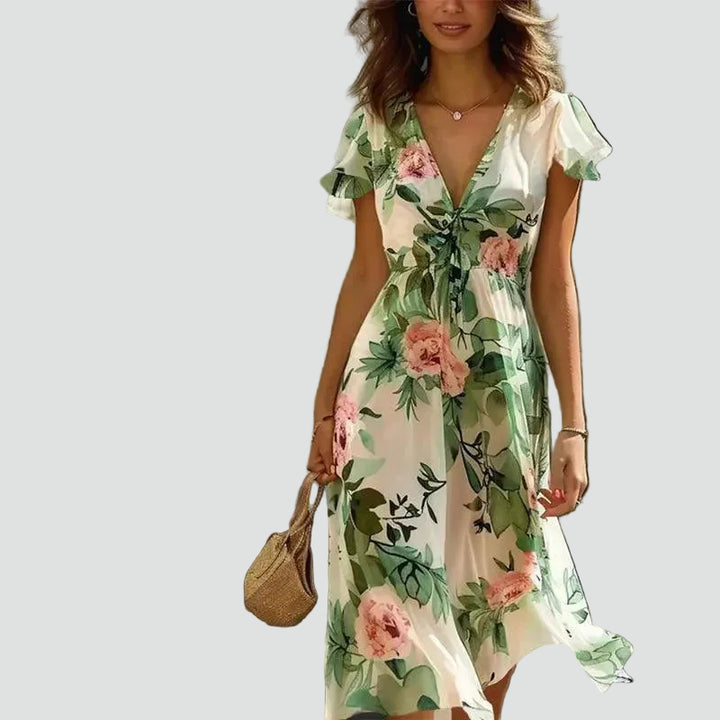 Green midi floral dress with V-neck and butterfly sleeves