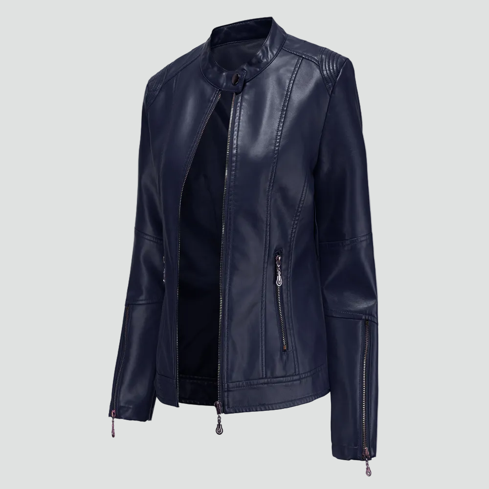 Women's biker jacket made of eco-friendly leather with zipper and stand-up collar