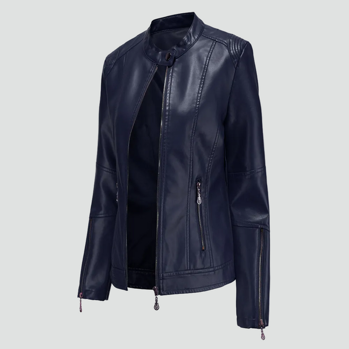 Women's biker jacket made of eco-friendly leather with zipper and stand-up collar