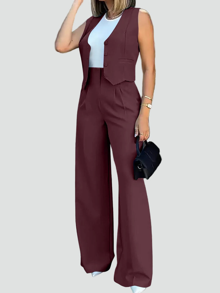 Damski garniturowy komplet z giletem i szerokimi spodniami