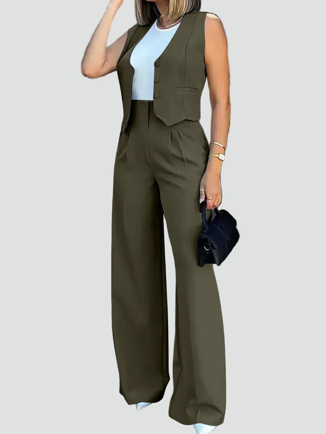 Damski garniturowy komplet z giletem i szerokimi spodniami