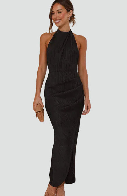 Elegancka sukienka koktajlowa midi halter z rozcięciem