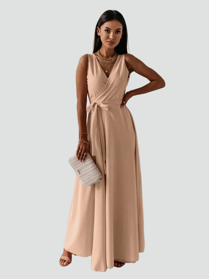 Maxi cocktail dress with a wrap neckline and tie