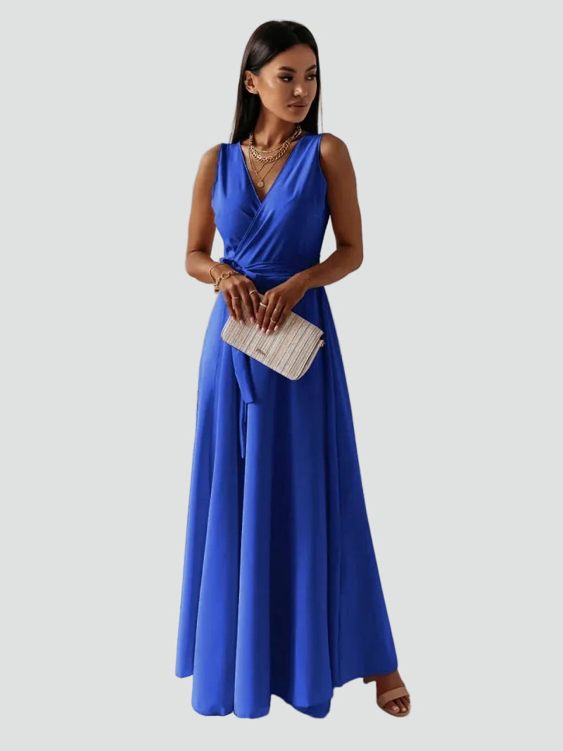 Maxi cocktail dress with a wrap neckline and tie