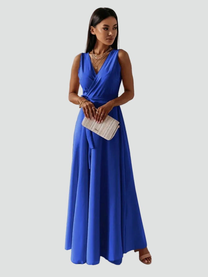 Maxi cocktail dress with a wrap neckline and tie