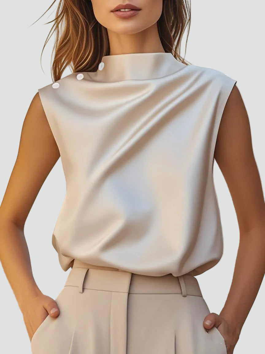 Szampańska elegancka bluzka satynowa ze stójką i guzikami