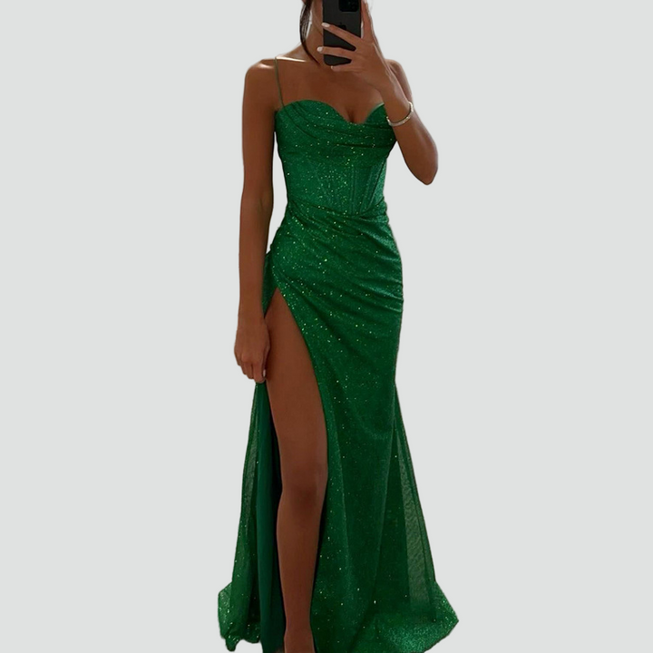 Brokatowa sukienka wieczorowa maxi z rozcięciem