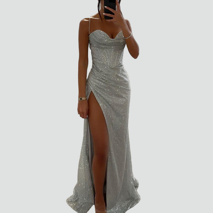 Brokatowa sukienka wieczorowa maxi z rozcięciem