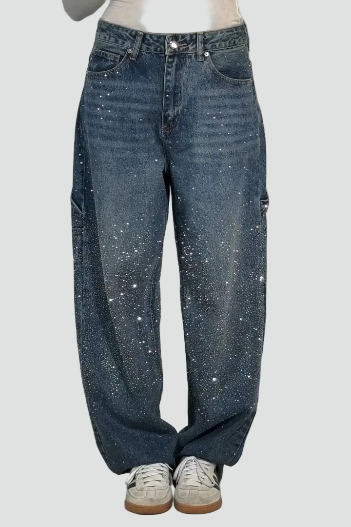 Jeansy z wysokim stanem z brokatowym efektem dla kobiet