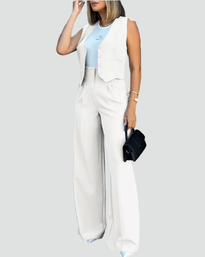 Damski garniturowy komplet z giletem i szerokimi spodniami