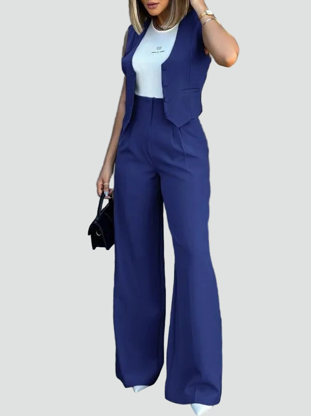 Damski garniturowy komplet z giletem i szerokimi spodniami