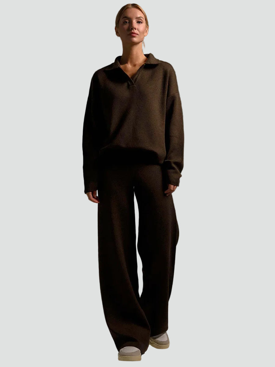 Wygodny dzianinowy damski co ord set sweter i szerokie spodnie