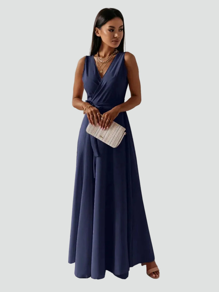 Maxi cocktail dress with a wrap neckline and tie