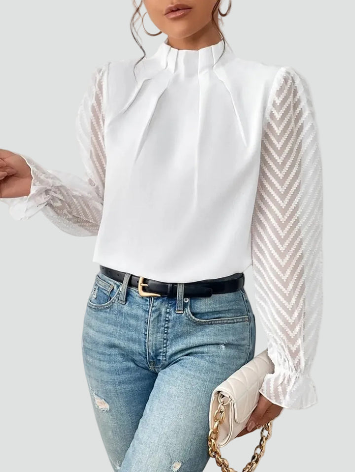 Elegancka bluzka z plisowanym przodem i siateczkowymi rękawami damska