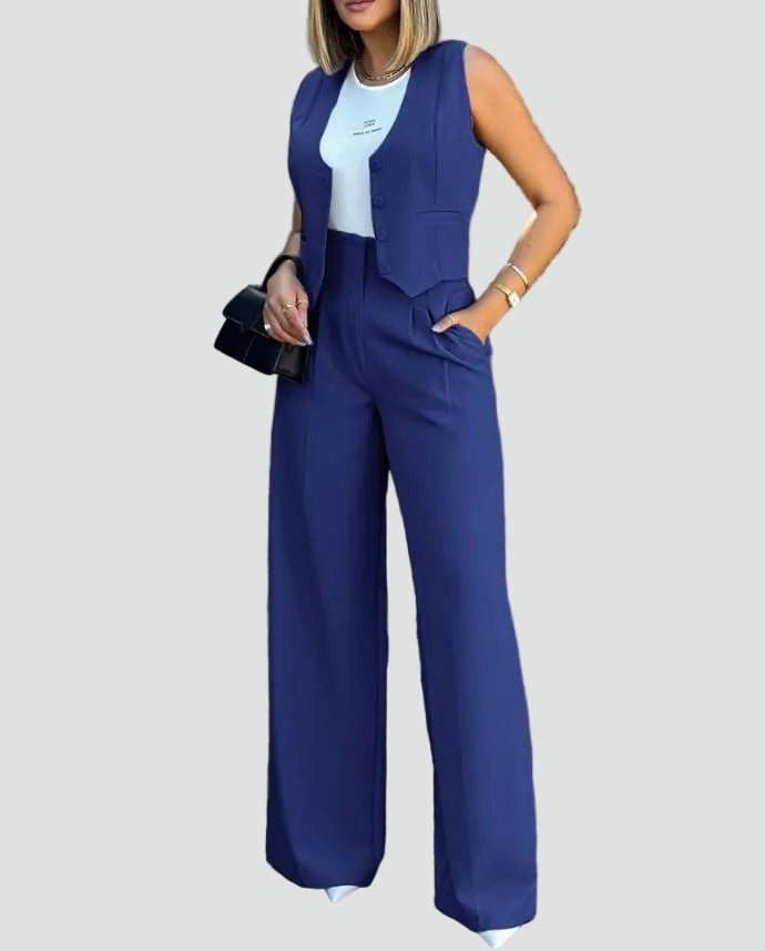 Damski garniturowy komplet z giletem i szerokimi spodniami