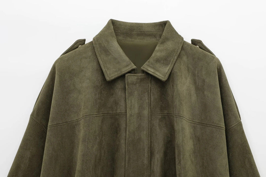 Women's oversized suede bomber jacket with zipper for everyday wear
