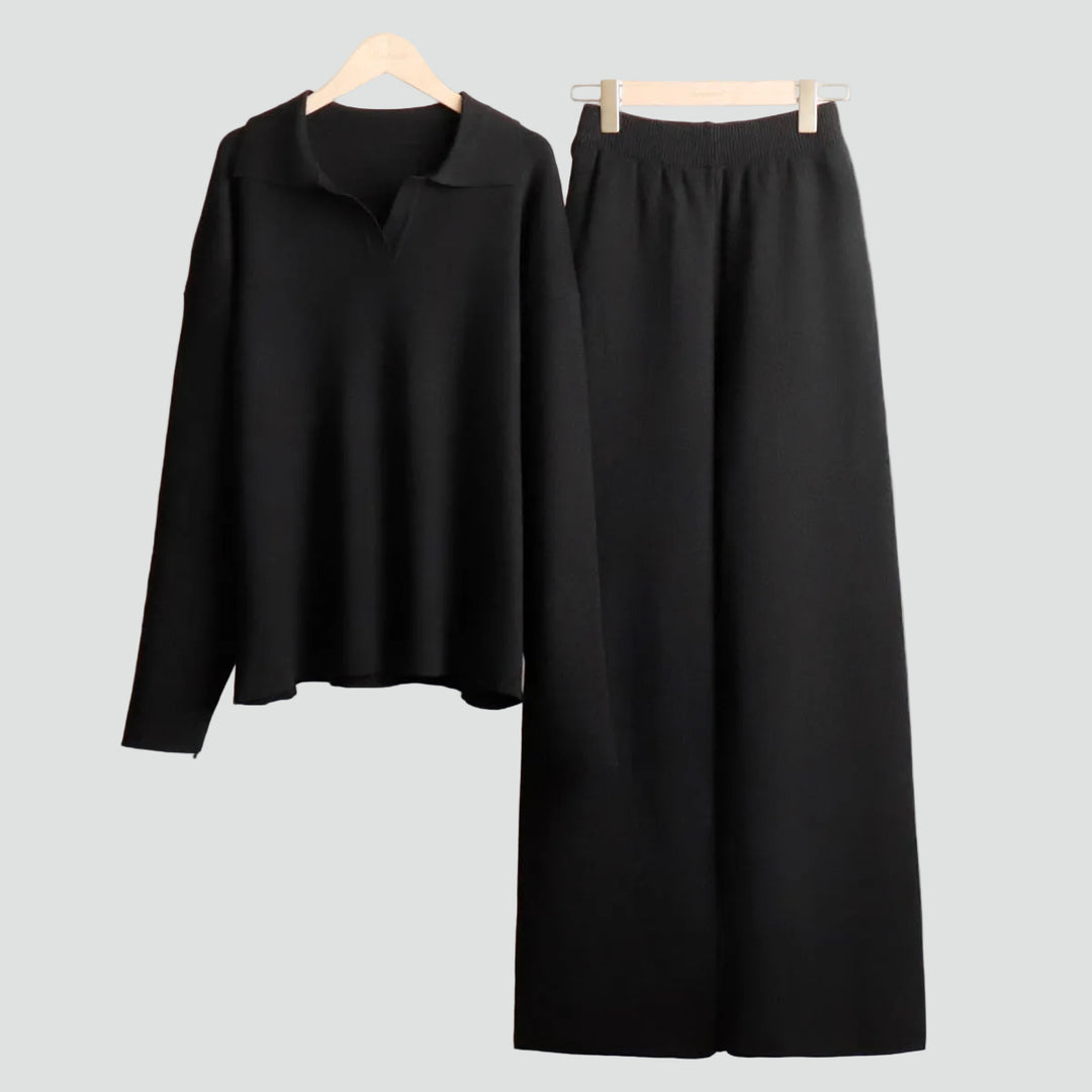 Wygodny dzianinowy damski co ord set sweter i szerokie spodnie