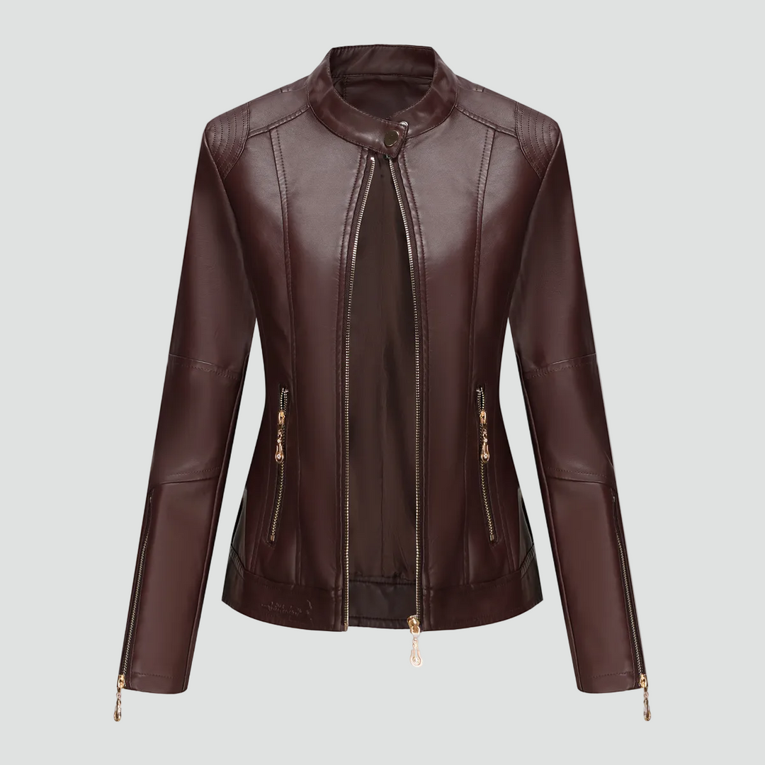 Women's biker jacket made of eco-friendly leather with zipper and stand-up collar