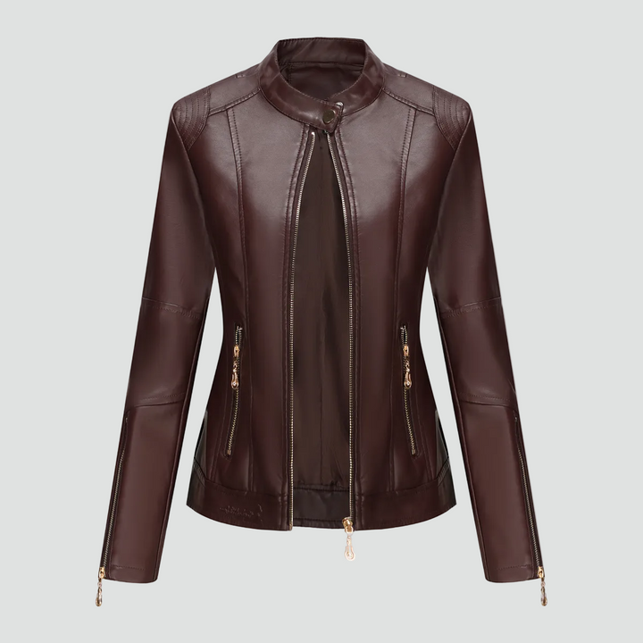 Women's biker jacket made of eco-friendly leather with zipper and stand-up collar